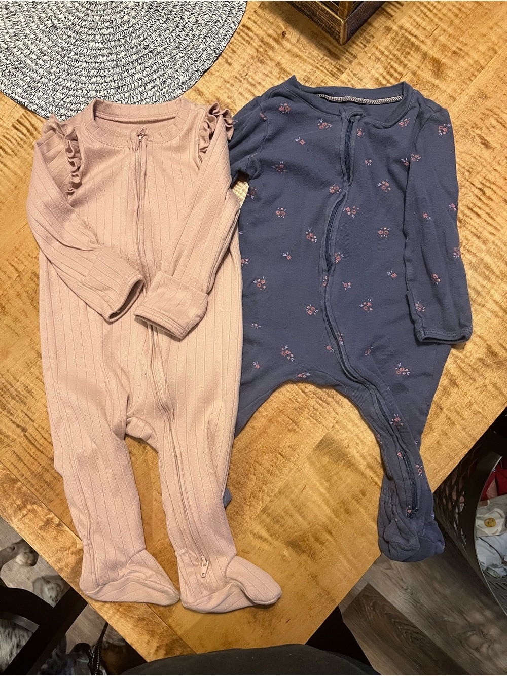 cloud island Pink Ruffle & Navy Floral Footed Onesies